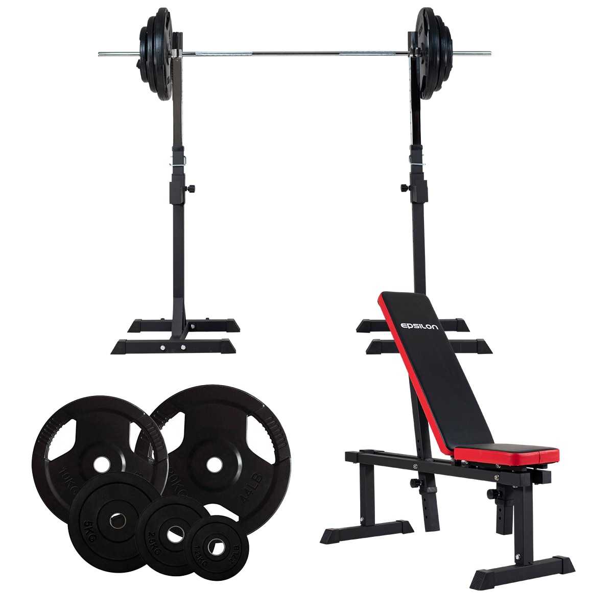Komplet sæt - Vægtbænk, squat rack, vægtstang og vægte
